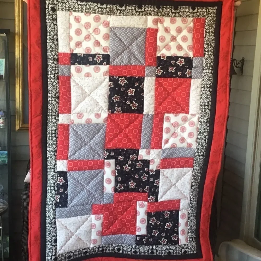 NWT Hand Crafted Red/Black/Grey/White Quilt